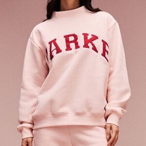 Parke Pink Mock Neck Sweatshirt Red Varsity Logo Heart Sleeve Cozy Pullover